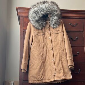 NWT Lucky Brand Women's Tan Twill Hooded Parka with Faux Fur Trim Khaki Size Med